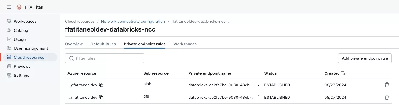 Databricks Network Connectivity Configuration status overview showing private endpoint rules for blob and dfs with established status