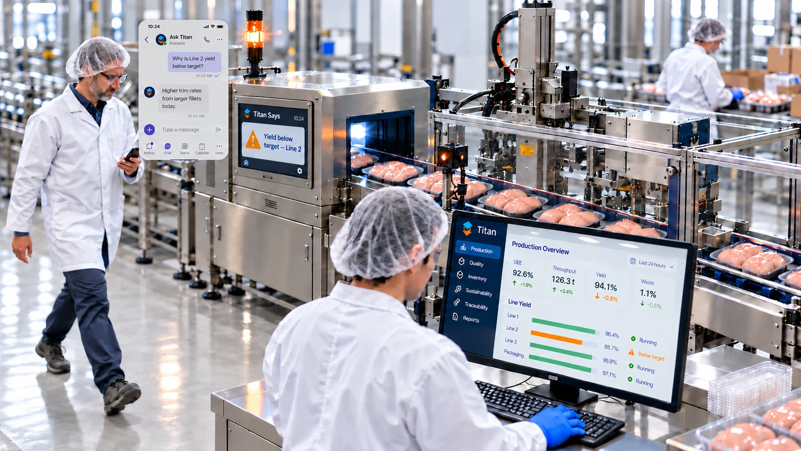 Connected food factory dashboard showing Titan, Titan Says and Ask Titan