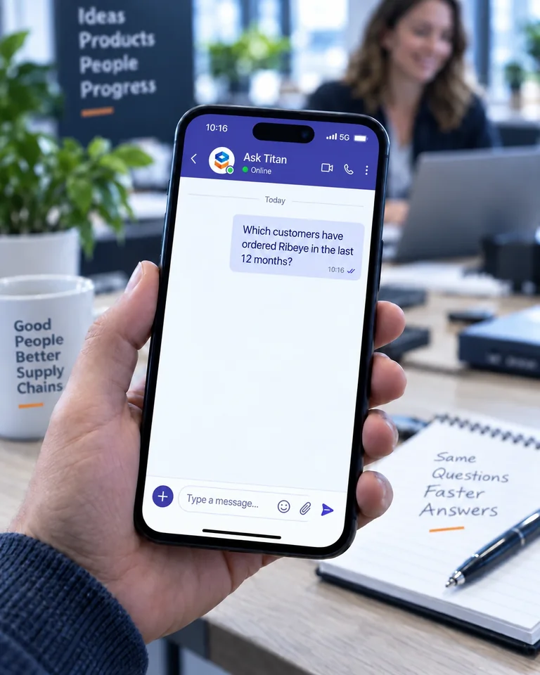 Office-casual user asks Ask Titan in Microsoft Teams on a mobile phone which customers ordered Ribeye in the last 12 months.