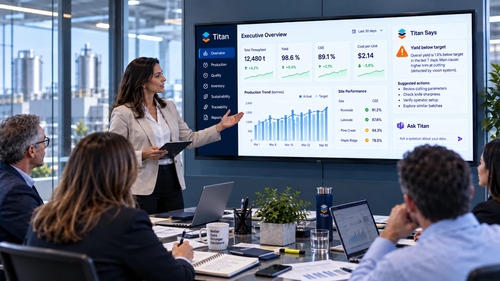Management team reviewing Titan executive performance data, Titan Says signals and Ask Titan in a strategy meeting.