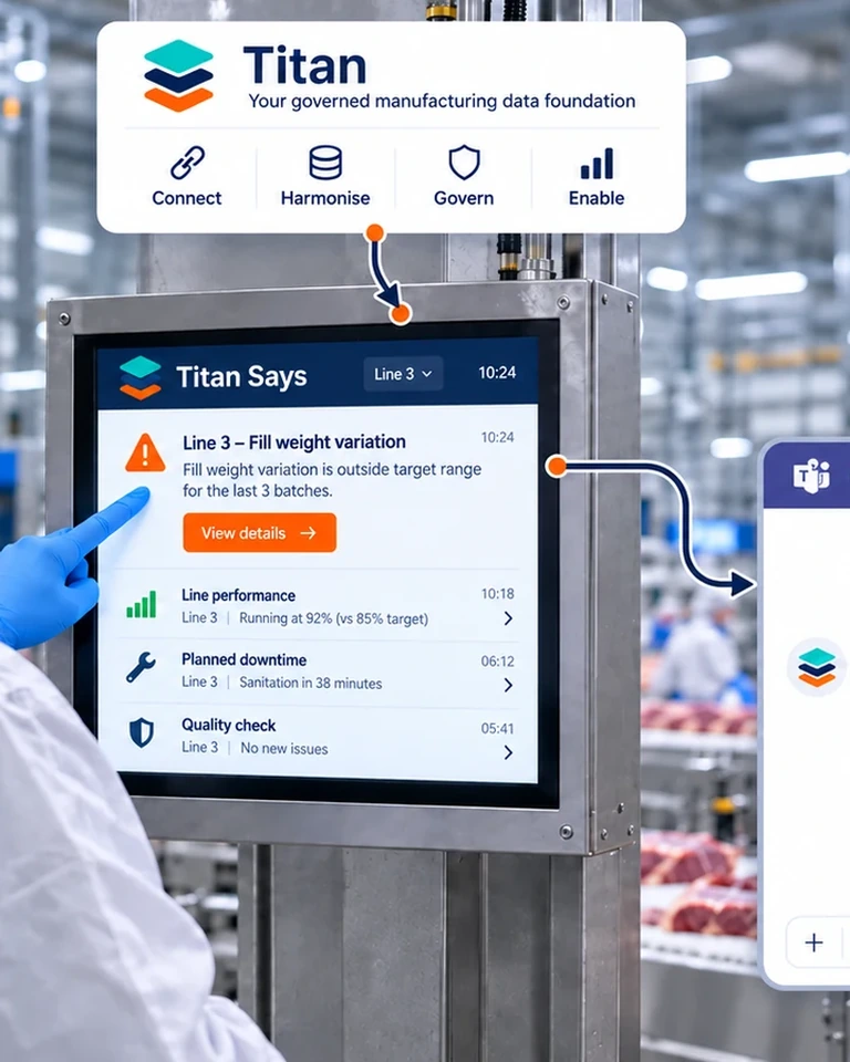 Factory floor operator using Titan Says to investigate a fill-weight deviation on Line 3.