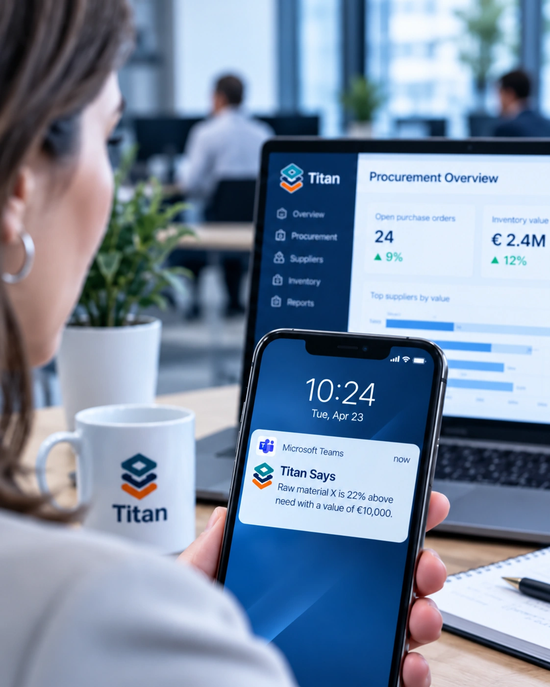 Procurement manager receives a Titan Says notification in Microsoft Teams that raw material stock is above forecasted need.