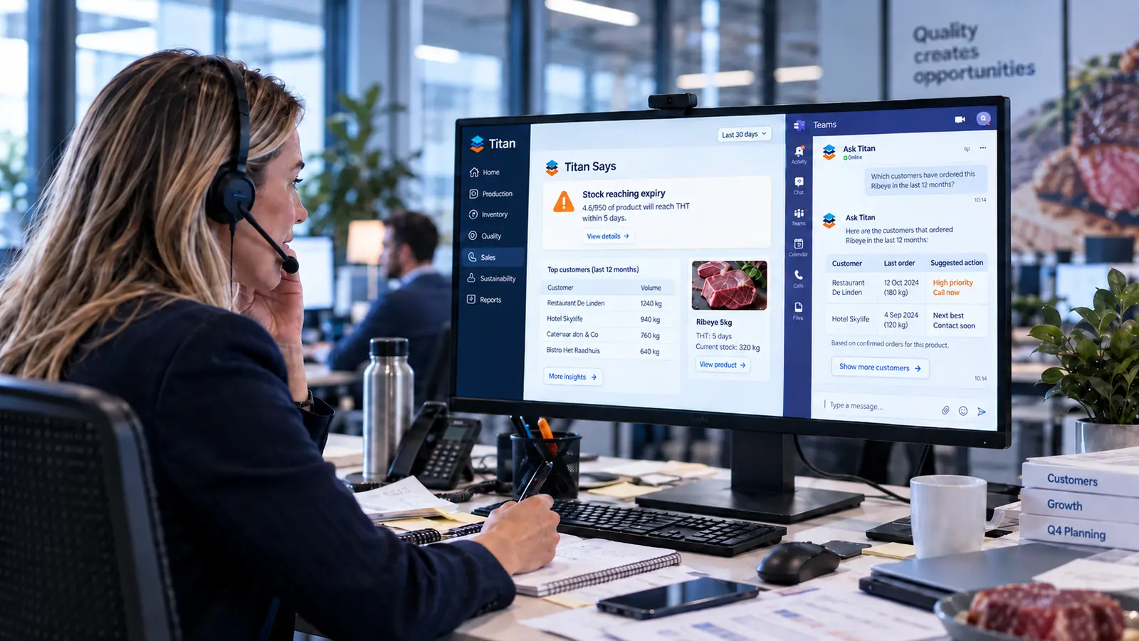 Salesperson receives a Titan Says expiry signal, uses Ask Titan to identify relevant customers and calls the best-fit customer.