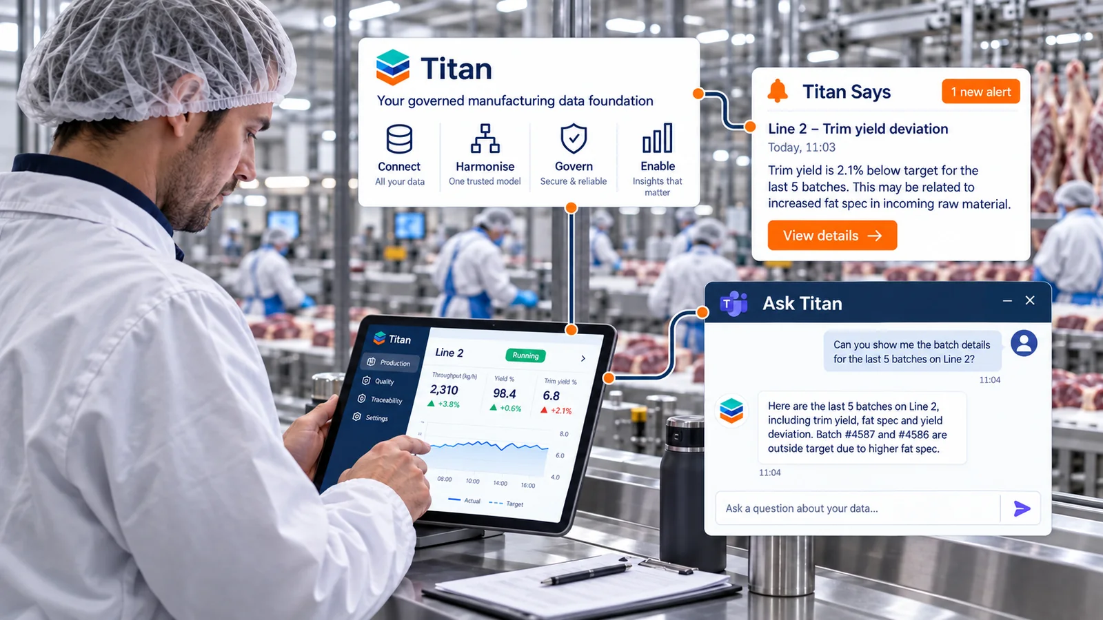 Productieplanner in een vleesverwerkende fabriek die Titan-productieplanning en lijnperformance-dashboards gebruikt.