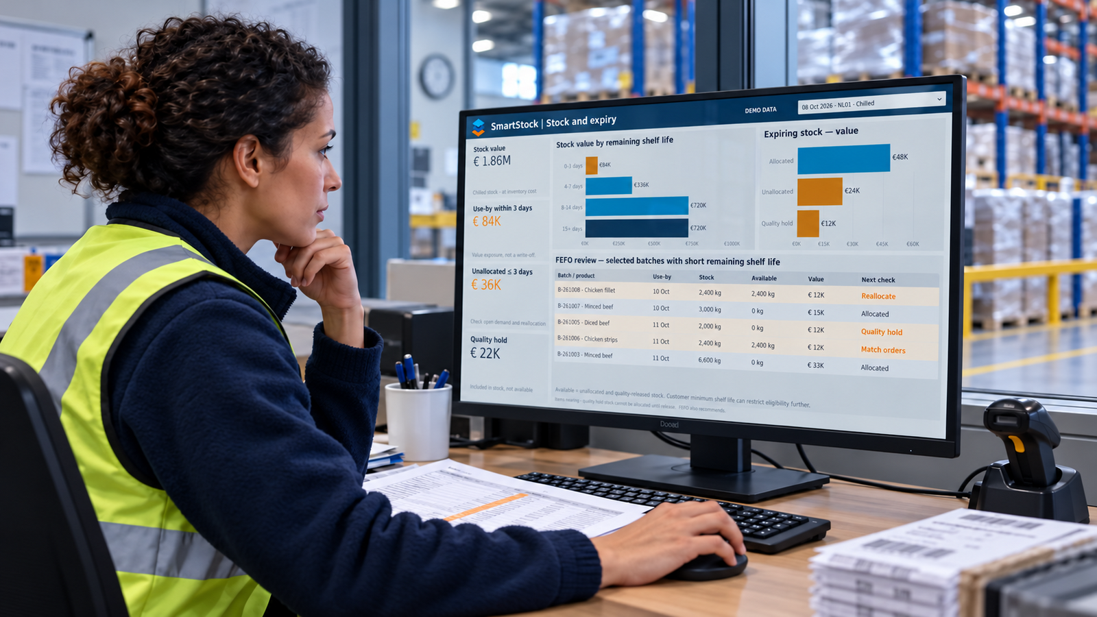 Warehouse planner using Titan SmartStock to review ageing chilled inventory, FEFO risk and orders that can consume stock before expiry.