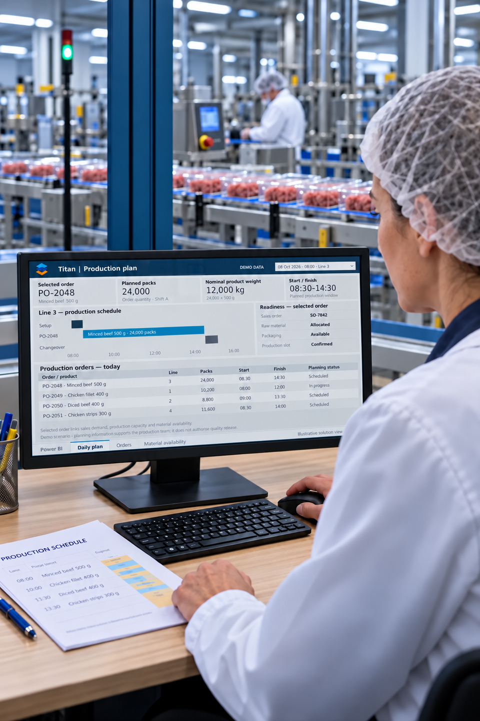 A production supervisor plans an order using a Titan Power BI report in the factory office.